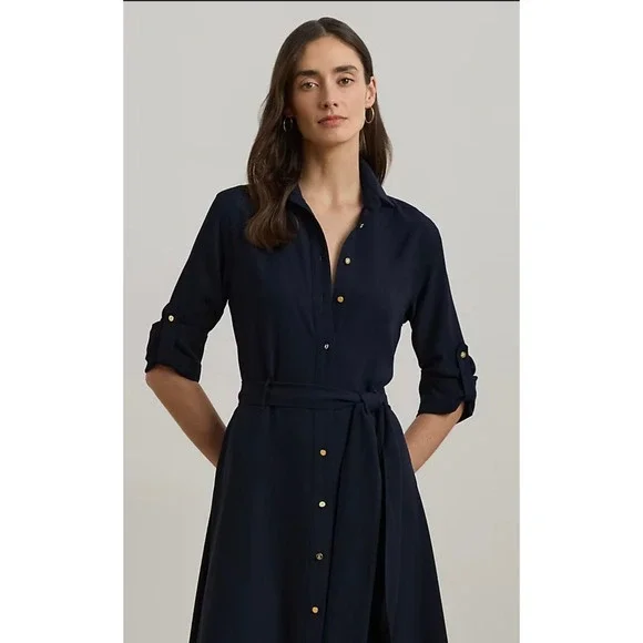 Lauren RL Fit and Flare Black Linen Button Front Belted Shirt Dress  Midi Sz L - Picture 2 of 12